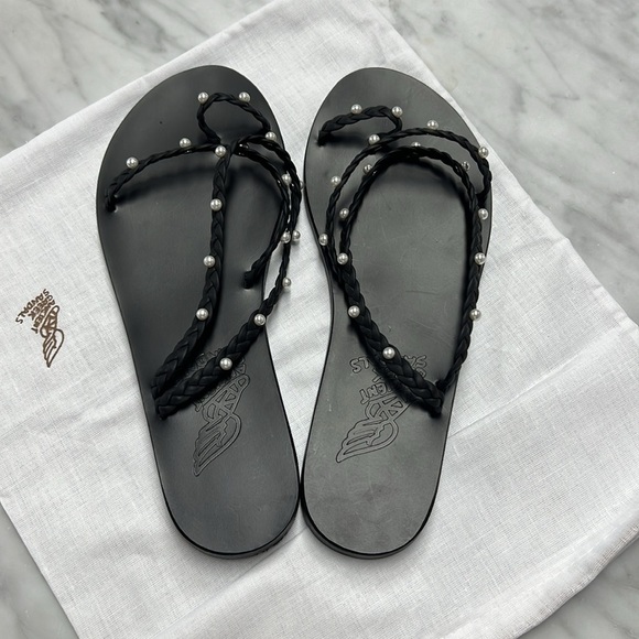 Ancient Greek NEW Eleftheria Imitation Pearls and Braided Black Leather Sandal 6 - Picture 6 of 13